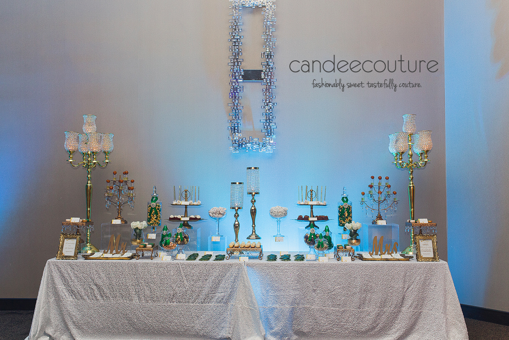 Wedding dessert table, dessert table, green and gold dessert table, cake pops, monogrammed cookies, initial macarons, wedding, reception, luxury wedding, cheesecake bites, paan, mithai, gulab jamun, bundt cakes, candy, chocolate, sweet table