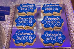 Sparkly sweet 16 theme cookies, sweet 16 cookies, sparkly sweet 16 cookies, sweet 16 sweet table, sparkly sweet 16 theme table, silver backdrop, sweet 16 party, birthday, sweet 16, cookies