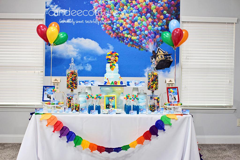 sweet table, pixar up theme table, pixar up theme backdrop, sky pops, up theme cookies, macarons, up theme party, birthday, up theme, up cake, Pixar Up cake, balloons,